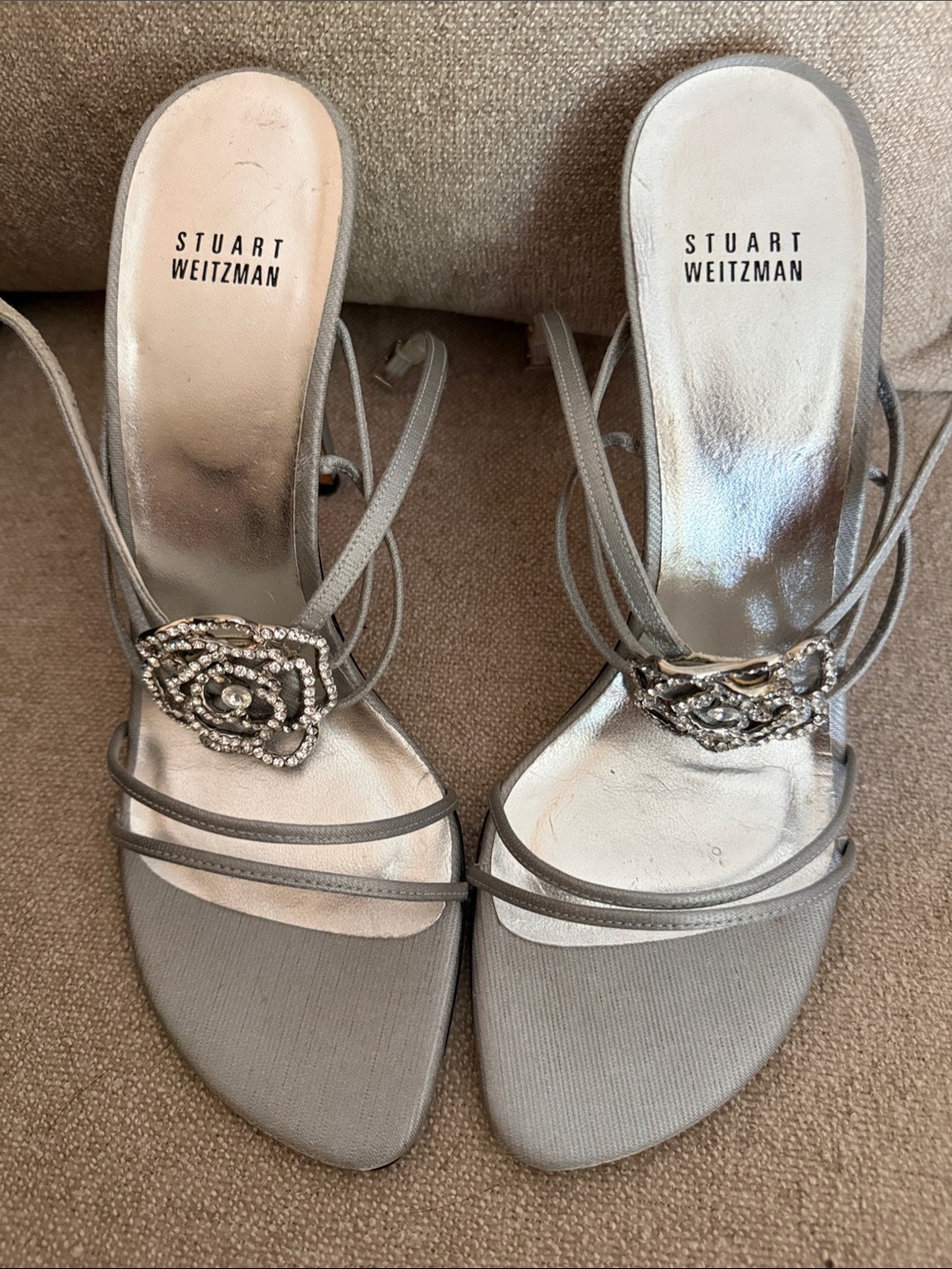 Stuart Weitzman Silver Strappy Heels with Crystal Floral Accents